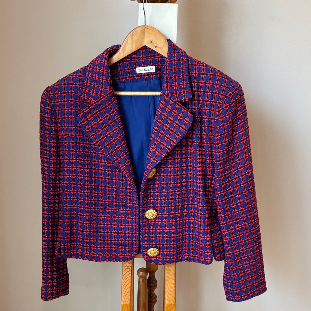 Vintage Blue and Red Patterned Cropped Blazer